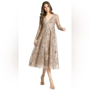 Mac Duggal Sz 14 Deep Plunge Lace Dress Golden Beige Sheer Sequin Beads Floral